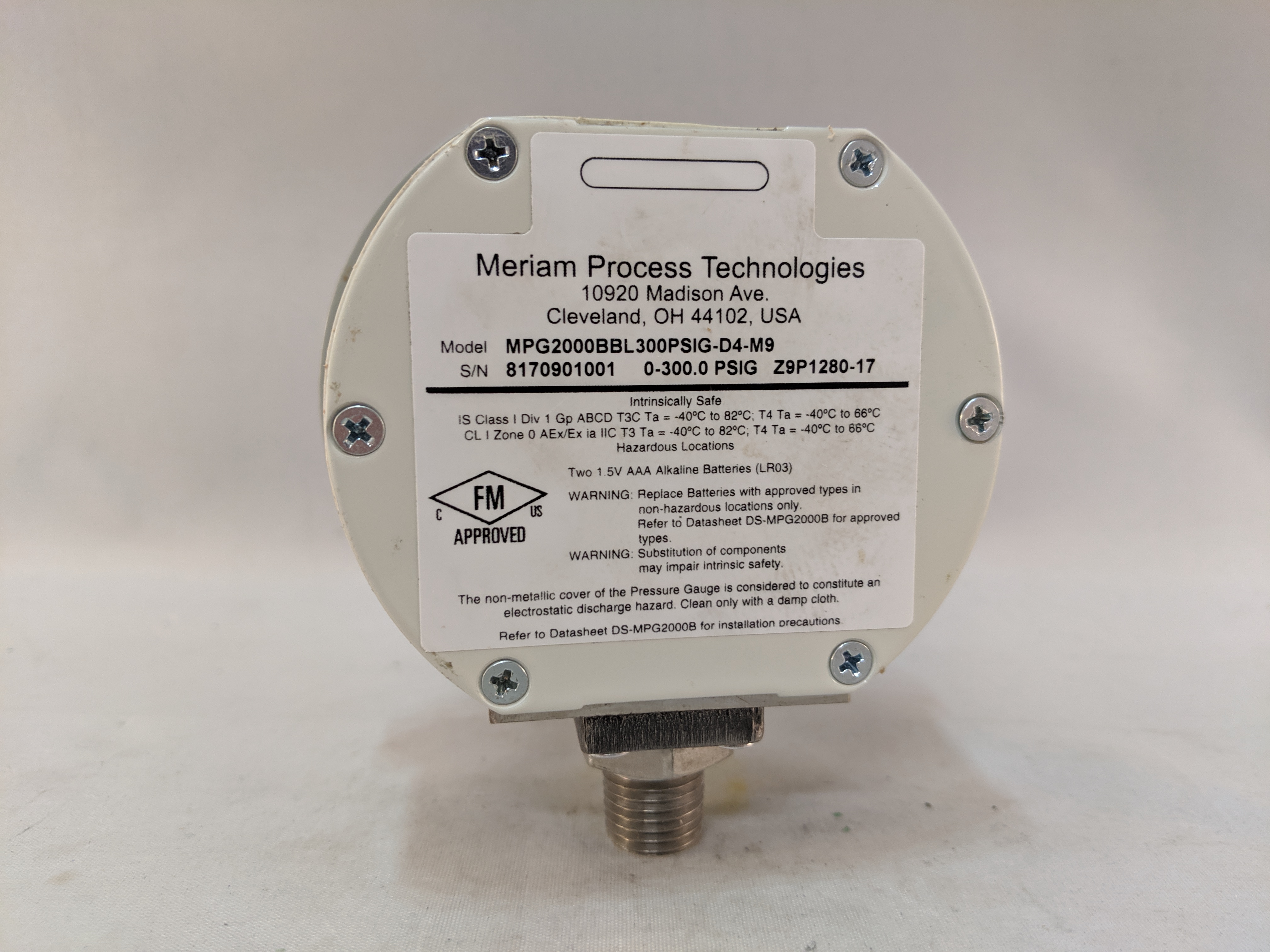 MERIAM I/S BATTERY POWERED DIG PRESS GAUGE 0-300PSI 0.25%