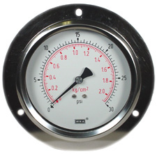 Wika 213.53 Series Glycerine/Water Filled Industrial Pressure Gauge, 4" Dial, 0 to 30 psi (kg/cm2), 1/4 NPT Brass Lower Back Mount, Front Flange