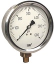 Wika 213.53 Series Industrial Liquid Filled Pressure Gauge, 4" Dial, 0 to 600 PSI, 1/4" NPT Brass Lower Mount