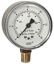Wika 611.10 Series Dry Capsule Pressure Gauge, 2.5" Dial, 0 to 30 in (mm.WC), 1/4 NPT Brass Lower Mount
