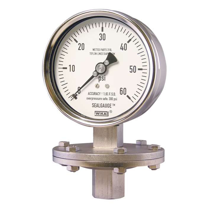 Wika 433.30 Series Stainless Steel Liquid Filled Diaphragm Pressure Gauge, 0 to 60 psi