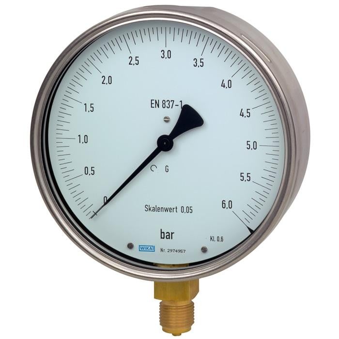Wika 312.20 Series 6" Brass Dry Precision Test Pressure Gauge, 0 to 4000 psi, 2nd Scale bar, 1/4 NPT, LM, O2 Cleaned