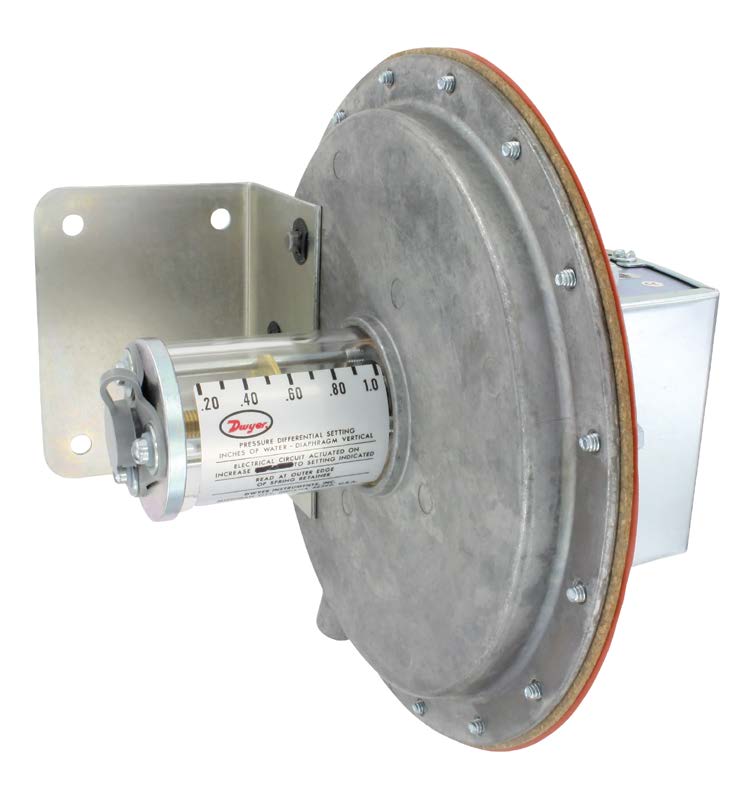 Large diaphragm pressure switch, range 2.0-6.0" w.c., approx deadband @ 0.07 min. set point, 0.25 max. set point.