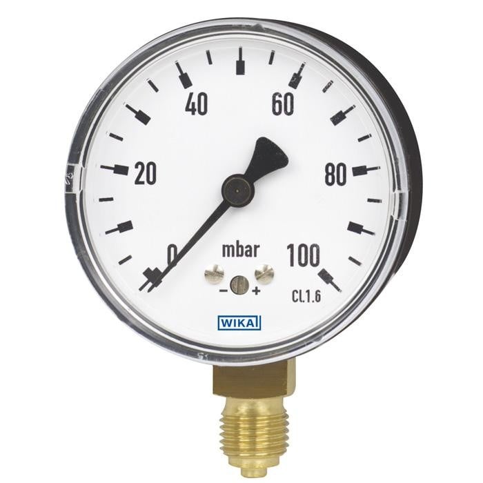 Wika 611.10 Series 2.5" Brass Dry Capsule Pressure Gauge, -30 to 0 in.WC, 2nd Scale mm.WC, 1/4 NPT, CBM, SS Profile Ring w/Zn Pltd Steel U-Clamp Bracket