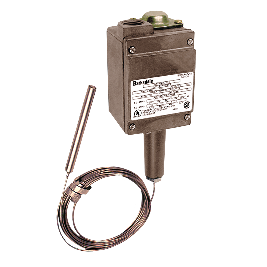 Barksdale MT1H Remote Mount Temp Switch, Single Setpoint, 10 Amp @ 125, 250 VAC & 3 Amp @ 480 VDC, 150 to 350 °F, 302 SS Armor, Preset: S2000