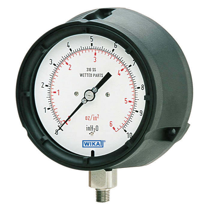Wika 632.34 Series Stainless Steel Dry Capsule Process Gauge, 4.5" Dial, 0 to 15 inH2O, 1/2"NPT Lower Mount