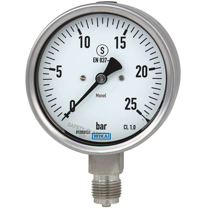 Wika 262.30 Series Dry Safety Pressure Gauge, 2.5" Dial, 0 to 1000 psi, 1/4 NPT Monel Lower Mount