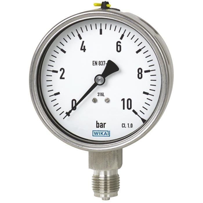 Wika 233.54 Series Stainless Steel Liquid Filled Pressure Gauge, 4" Dial, 0 to 100 PSI/Bar, 1/4" NPT Lower Mount