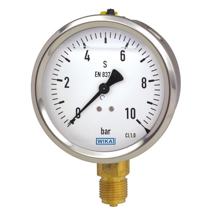 Wika 213.53 Series Industrial Brass Liquid (Glycerin Water Mix) Filled Pressure Gauge, 2.5" Dial, 0 to 100 PSI, 1/4" NPT Lower Connection, Flex Window