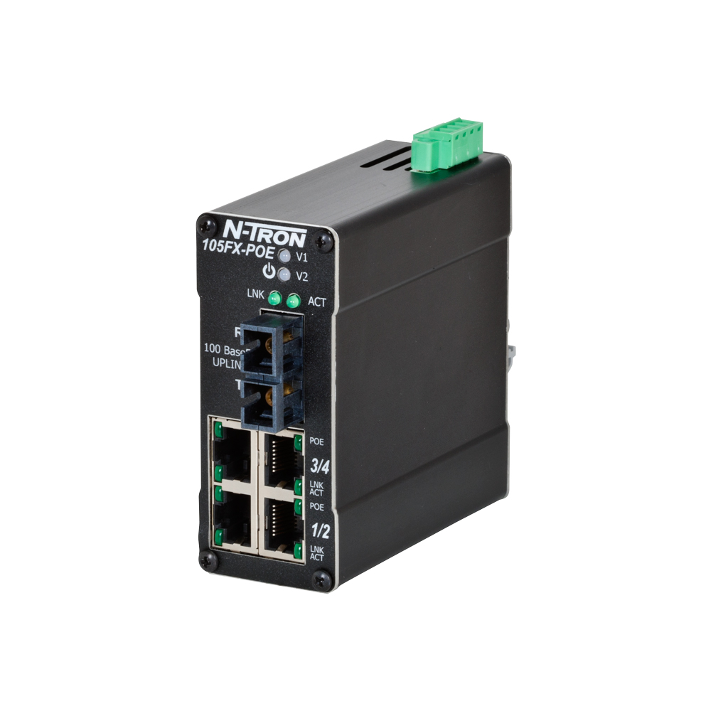 100 PoE Series, 5-Port, N-Tron 105FX Unmanaged Industrial MDR POE Switch, SC 2km