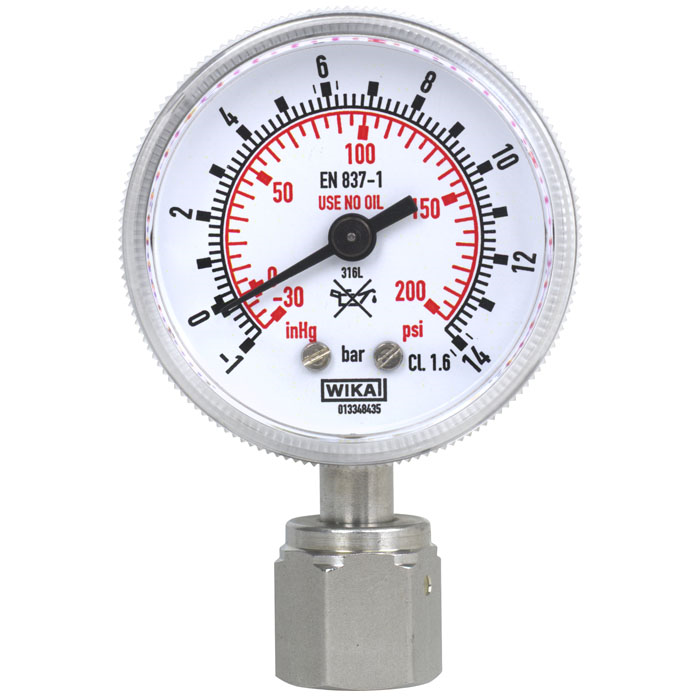 Wika 230.15 UHP Gauge, 2" Dial, -30 inHg/+100 psi, 1/4" Weld Stub, CBM