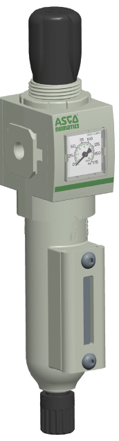 ASCO Numatics Filter Regulator, 7-145 PSI,  5 Micron, Polycarbonate Bowl with Bowl Guard, 1/4" NPT, Low Profile Gauge, Manual/Semi-automatic Drain