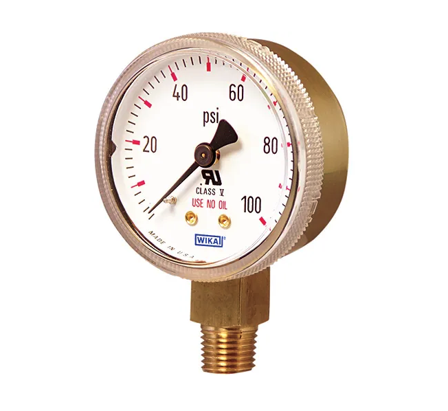 Wika 111.11 Series Dry Compressed Gas Regulator Gauge, 2" Dial, 0 to 160 psi, 1/8 NPT Brass Center Back Mount, O2 Cleaned