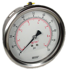 Wika 212.53 Series Ready to Fill Industrial Pressure Gauge, 4" Dial, 0 to 100 psi (kg/cm2), 1/4 NPT Brass Lower Back Mount