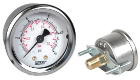 Wika 212.53 Series Ready to Fill Pressure Gauge, 2" Dial, 0 to 15 psi (bar), 1/4 NPT Brass Back Mount, U-Clamp Bracket