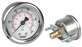 Wika 213.53 Series Glycerin Filled Pressure Gauge, 2" Dial, 0 to 1000 psi (bar), 1/4 NPT Brass Back Mount, U-Clamp