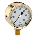 300 Series Brass Case Liquid Filled Pressure Gauge, 2.5" Brass Case, Copper Alloy Internals, 600 psi, 1/4 NPT Male Bottom Conn, Glycerin Filled, Brass Front Flange