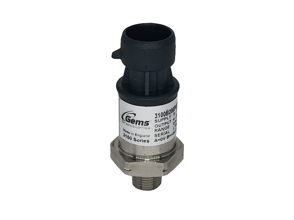 Gems 3200 Series Pressure Transducer, 0.5-4.5 V Ratiometric Output, 0-5000 PSI Range, SAE 6 (9/16˝-18 UNF 2A) Pressure Port, Deutsch DT04-4P Electrical Connection, w/ Restrictor (MIN 40 PC ORDER REQUIRED)
