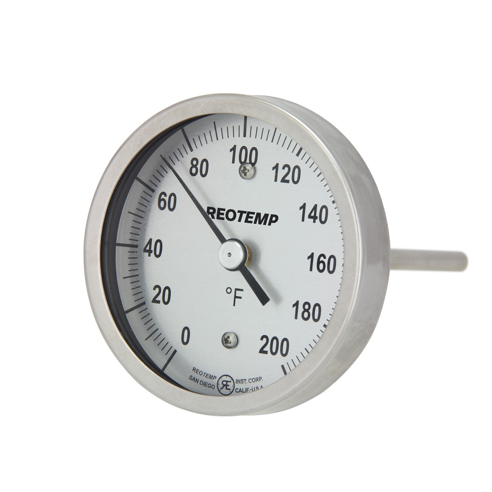 ReoTemp Bimetal Dial Thermometer, 5" Dial, Back Conn./Reset, 6" Stem, 1/2" NPT, 50/300°F