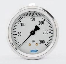 Wika 113.53 Series Liquid Filled Pressure Gauge, 1.5" Dial, 0-60 PSI/Bar, SS Case, Brass 1/8" NPT Center Back Mount