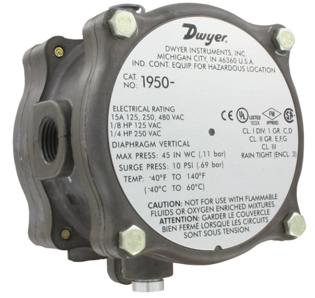 Dwyer Differential Pressure Switch .07-.15" WC, 10G Mica Silver Contact, Silicone Diaphragm Material