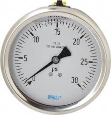 Wika 233.53.100 Series Stainless Steel Liquid Filled Pressure Gauge, 4" Dial, 0 to 160 PSI, 1/4" NPT SS Lower Back Mount