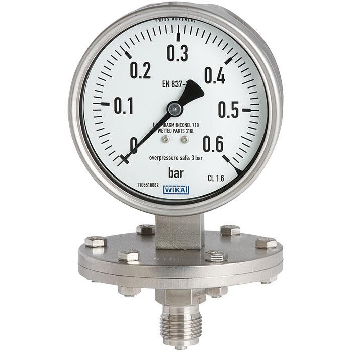 Wika 433.50 Series 4" SS Diaphram Pressure Gauge, 0 to 160 psi, 1/2 NPT, Lower Mount, Glycerin/Water Filled