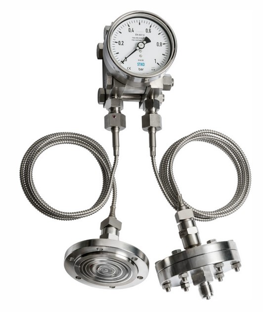 Wika Type 733.14 - 4" Differential Pressure Gauge - Stainless Steel, 0-10 PSID, Assembled to L990.40 Stainless Steel Diaphragm Seals with 15' Capillaries, 3/4" NPT Male Process Connections, Media Temp MAX 482°F