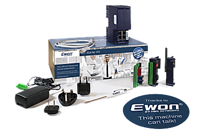 Ewon Flexy 205 Starter Kit includes 1x Flexy205 (Flexy20500), 1x WiFi Extension Card (FLB3271), 1x I/O Extension Card (FLX3402) and simulator module. Also includes an ethernet cable and power adapter.