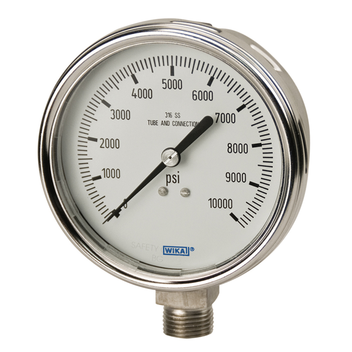 Wika 233.54 Series 4" SS Pressure Gauge, Liquid Filled, SS Wetted Parts, Removable Ring