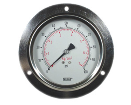 [4273625] Wika 213.53 Series Glycerin Filled Industrial Pressure Gauge, 4" Dial, 0 to 100 psi (kg/cm2), 1/4 NPT Brass Lower Back Mount, Front Flange Panel Mount