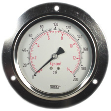 [50346059] Wika 213.53 Series Glycerin Filled Industrial Pressure Gauge, 4" Dial, 0 to 200 psi (kg/cm2), 1/4 NPT Brass Lower Back Mount, Front Flange Panel Mount