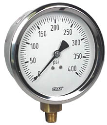 [9699150] Wika 213.53 Series Glycerin Filled Industrial Pressure Gauge, 4" Dial, 0 to 400 psi, 1/4 NPT Brass Lower Mount
