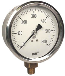 [9699168] Wika 213.53 Series Industrial Liquid Filled Pressure Gauge, 4" Dial, 0 to 600 PSI, 1/4" NPT Brass Lower Mount