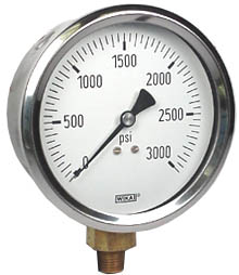 [9699215] Wika 213.53 Series Glycerin Filled Industrial Pressure Gauge, 4" Dial, 0 to 3000 psi, 1/4 NPT Brass Lower Mount