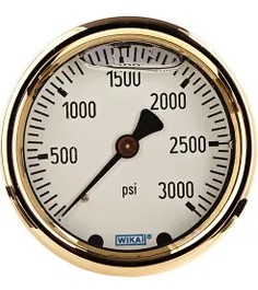 [56045239] Wika 213.40 Series Industrial Brass Liquid Filled Pressure Gauge, 2.5" Dial, 600 PSI/Bar, 1/4" NPT Center Back Mount (Old P/N: 8985774)