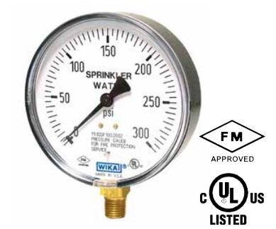 [4233761] Wika 111.10SP Series Fire Sprinkler Gauge, 4" Dial, 1/4" NPT Brass Lower Mount, 300 PSI "Sprinkler Water" Range