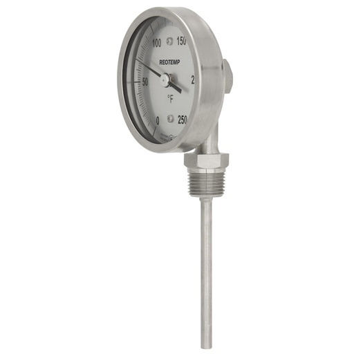 [XR0251F47] ReoTemp Bimetal Dial Thermometer, 3" Dial, Bottom Conn./Reset, 2.5" Stem, 1/2" NPT, 0/250°F