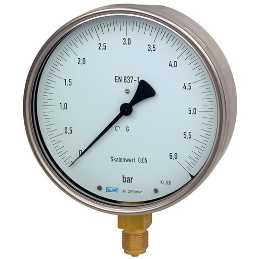 [52890577] Wika 312.20 Series 6" Brass Dry Precision Test Pressure Gauge, 0 to 4000 psi, 2nd Scale bar, 1/4 NPT, LM, O2 Cleaned