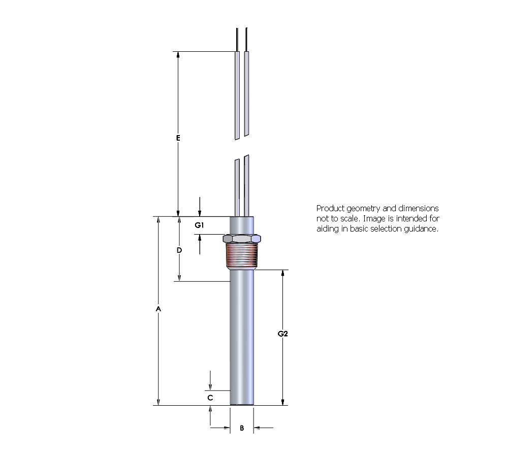 [2107-3530] Watlow Firerod Heater, 1/2" Diameter, 3.5" Length, 220V, 400W, 304SS Threaded Fitting, 12" High Temp Leads