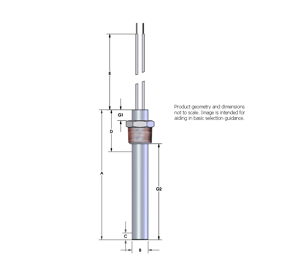 [2107-3558] Watlow Firerod Heater, 3/4" Diameter, 6.625" Length, 240V, 1500W, 304SS Threaded Fitting, 12" High Temp Leads