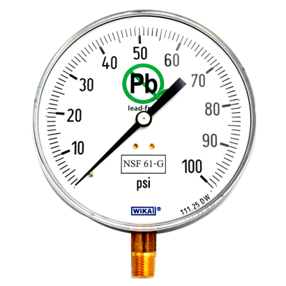 [52571897] Wika 111.25DW Series Drinking Water Pressure Gauge, 4.5" Dial, 0 to 160 PSI, 1/4" NPT Brass Bottom Connection, NSF-61 Lead Free, Dry Case