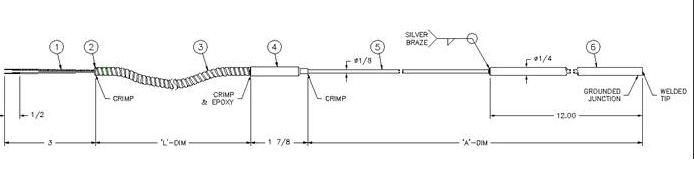 [52725433] WIKA TC40-1/8" TYPE K ARMOURED THERMOCOUPLE SENSOR w/SLEEVE . ATX-1050 SHEET 1 . A-DIMENSION: 120" LAST 12" 1/4" DIAMETER W-DIMENSION- 36" (ARMORED)