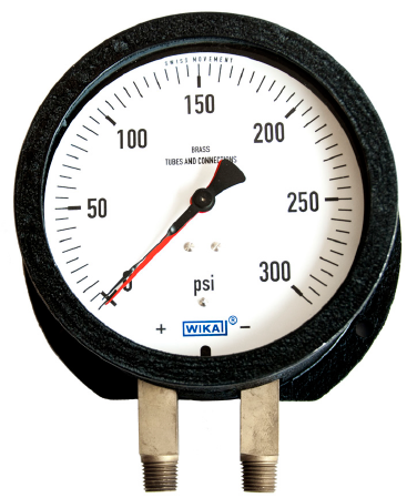 [52950359] Wika 712.25DX Duplex Gauge, 4.5" Dial, Dual 1/4"NPT Male Brass Bottom Connections, 0-10Bar scale