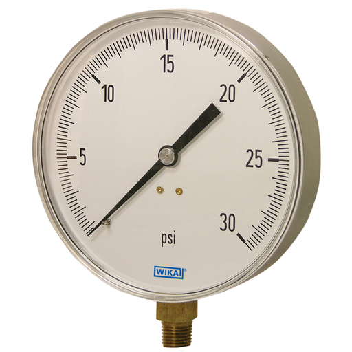 [4277946] Wika 111.25CT Series  4.5" Brass Dry Contractor Pressure Gauge, 0 to 100 psi, 2nd Scale kPa, 1/4 NPT LM