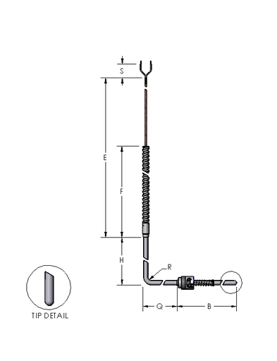 [2227-5908] Watlow Thermocouple Type K, Style 32, .188" Diameter, 3.5" Length Probe, Ungrounded, 90 Degree Bend, 60" SS Armor
