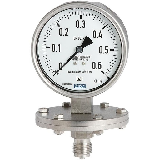[52990320] Wika 433.50 Series Stainless Steel Liquid Filled Diaphragm Pressure Gauge, 0 to 15 inH2O