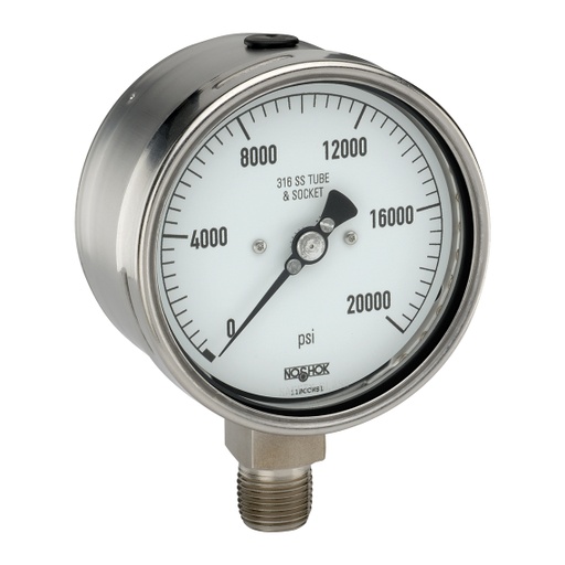 [40-502-40000-psi] 500 Series Stainless Steel Liquid Filled Pressure Gauge, 4" Dial, 304 SS Solid Front Case, 316 SS Internals, 40,000 PSI, 9/16-18 Unified Fine (UNF) Bottom, Glycerin Filled