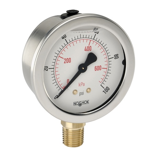 [25-901-300-psi/bar-BP3] 900 Series Liquid Filled Pressure Gauge, 0 psi to 300 psi, Brass Press Fit Orifice 0.3 mm