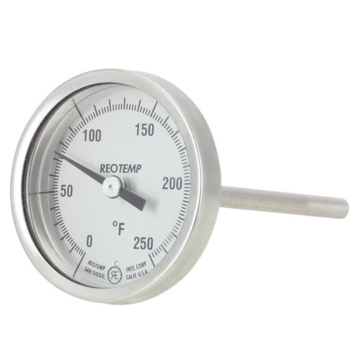 [GG1884F39] Reotemp Bimetal Dial Thermometer, 1-11/16" Dial, Back Connect, Custom 18.8" Stem, 1/4" NPT, 0/150°F